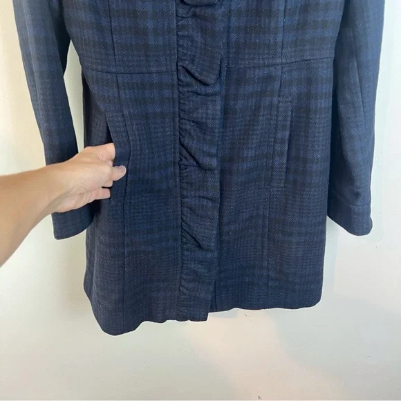 Old Navy Plaid Wool Blend Pea Coat Ruffle Medium Academia Pockets Navy Black - Picture 4 of 10